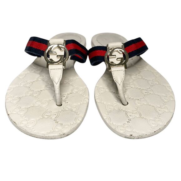 Gucci GG Web Stripe Thong Sandals EU 36.5 US 6.5 White Flip Flop Slide Flat Heel - Picture 3 of 11